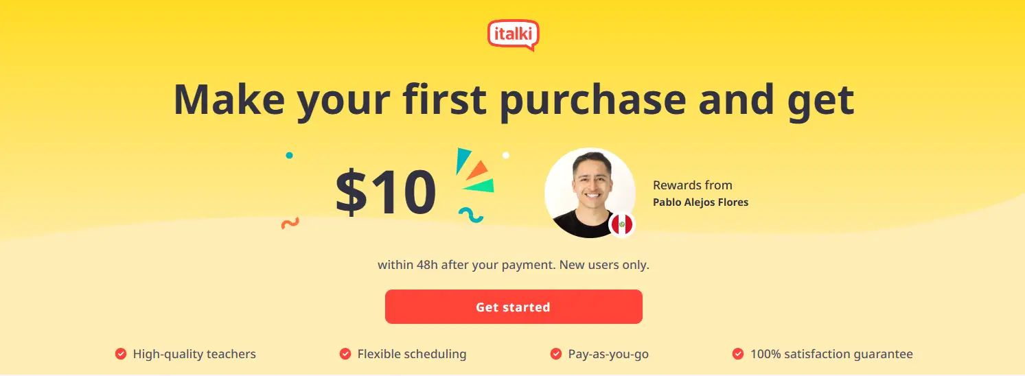 italki and Pablo Alejos Flores promotional banner that says Make your first purchase and earn 10 USD